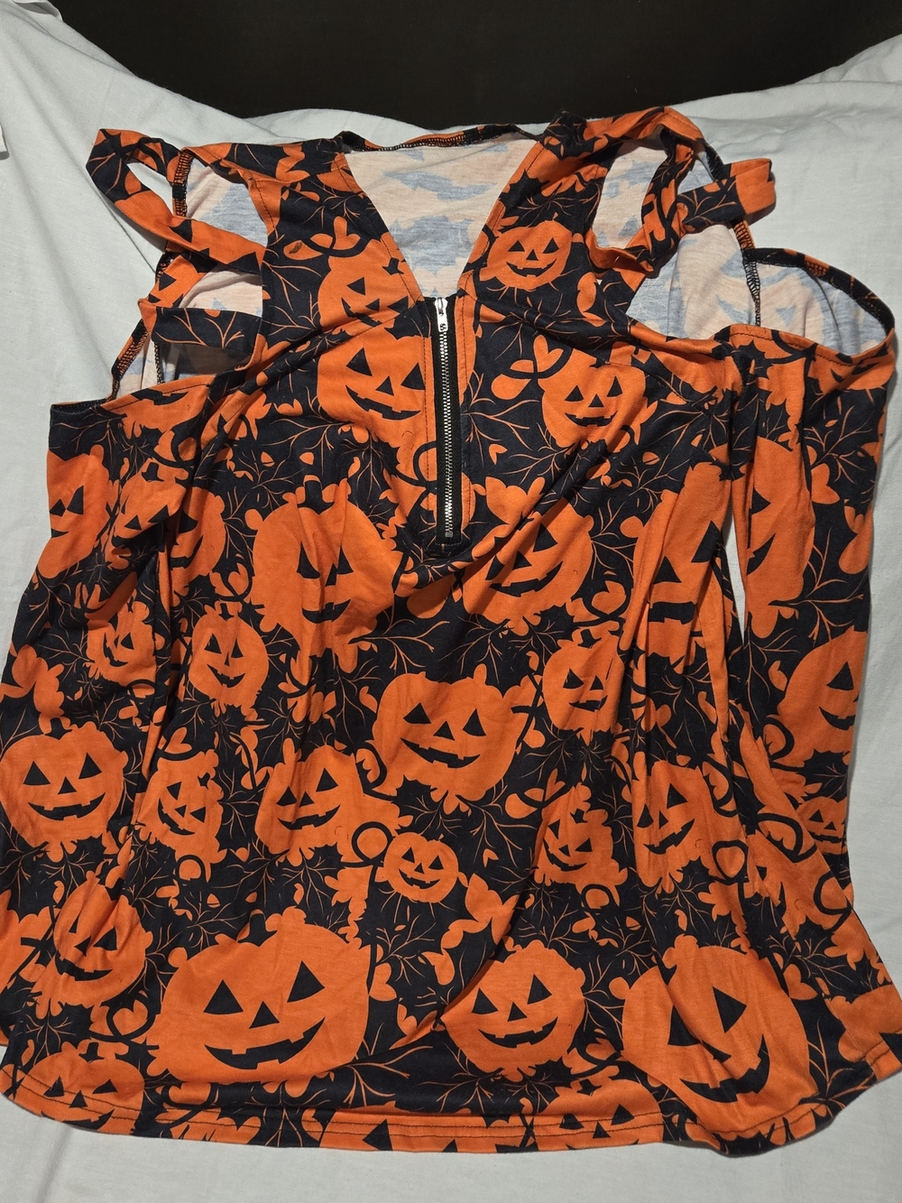 Halloween Pumpkin Cold Shoulder Strappy Zipper Tunic Top Mini Dress